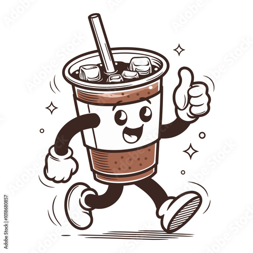 A cheerful drink character with arms and legs, conveying joy and fun