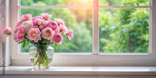 Bird eye view of pink flowers in vase and on windowsill with rose