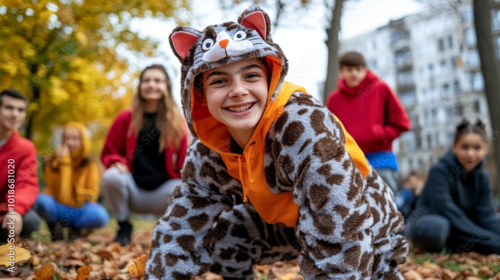 Cheerful Child in Cat Costume Enjoying Autumn Playtime in Park with Friends Cheerful Child in Cat Costume Enjoying Autumn Playtime in Park with Friends