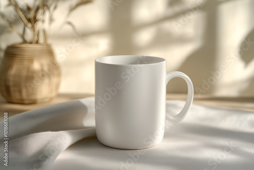 An empty blank plain white mug placed in a casual setting for design mockup