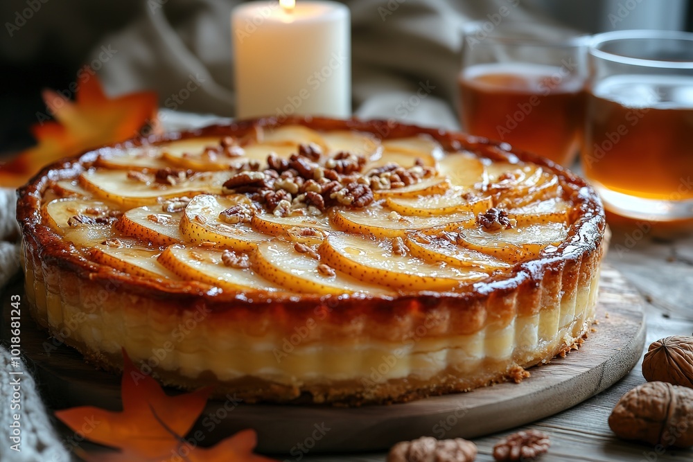 Apple pie decorated with lattice overhead shot, fall baking concept