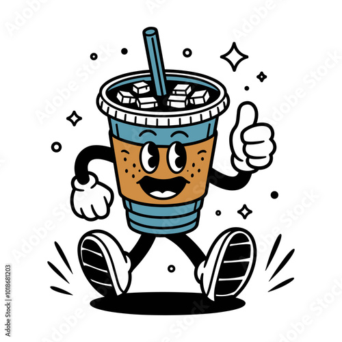 A cheerful drink character with arms and legs, conveying joy and fun