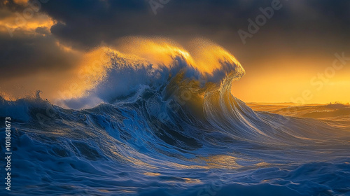 Majestic ocean waves crashing at sunset with vibrant colors over the horizon