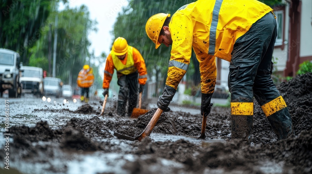 Workers in rain gear clear mud from a flooded street, showcasing their efforts in emergency response and community cleanup. Workers in rain gear clear mud from a flooded street, showcasing their efforts in emergency response and community cleanup.