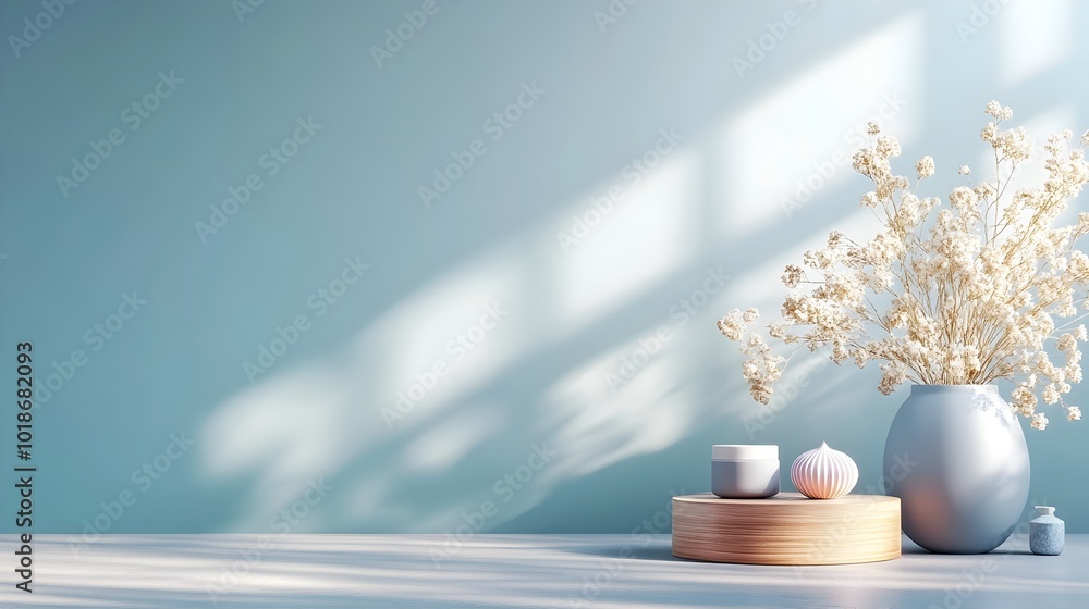 Minimalist 3D studio room with empty floor and wall featuring a product podium set against a soft lavender background A shadow overlay from the window creates a warm sunlight effect Minimalist 3D studio room with empty floor and wall featuring a product podium set against a soft lavender background A shadow overlay from the window creates a warm sunlight effect