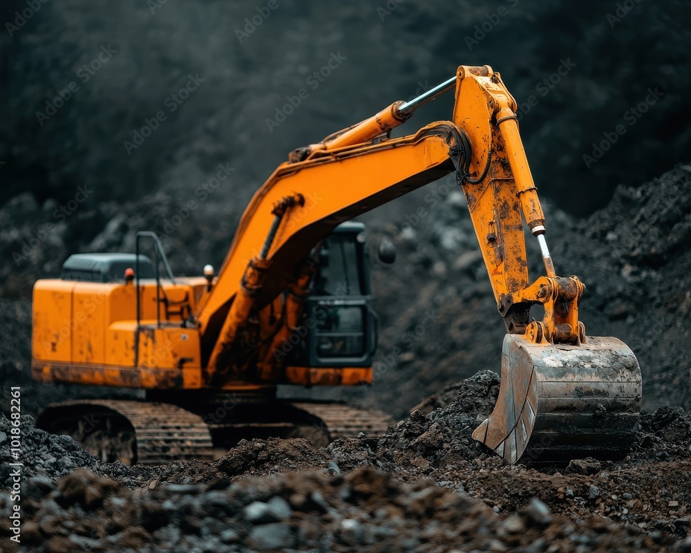 A bright orange excavator operates in a dark, rocky environment, ready for construction or excavation tasks. A bright orange excavator operates in a dark, rocky environment, ready for construction or excavation tasks.