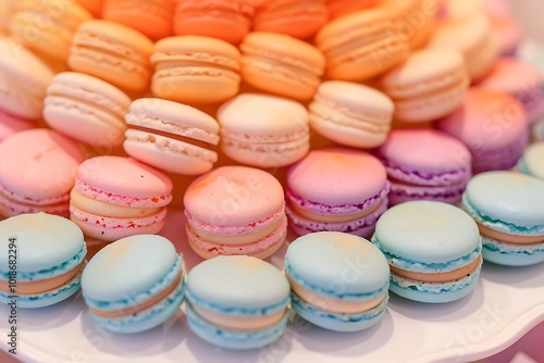 A close-up of macarons with ombre-colored shells, arranged in a gradient pattern on a white platter