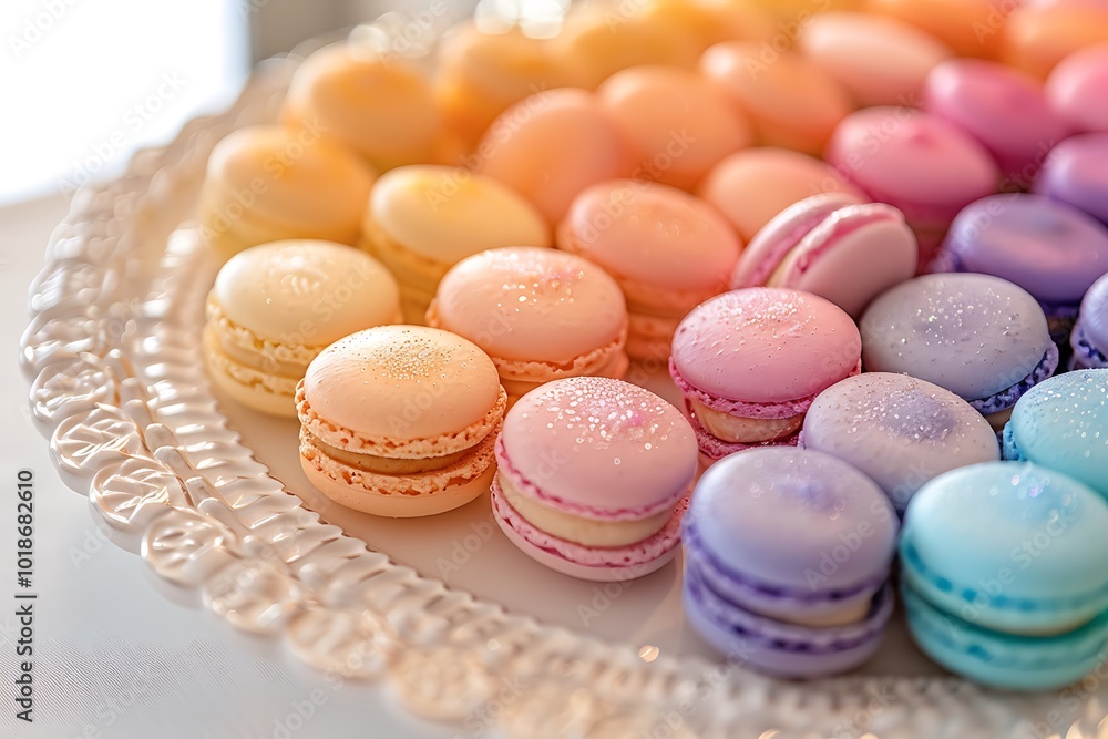 Obraz premium A close-up of macarons with ombre-colored shells, arranged in a gradient pattern on a white platter