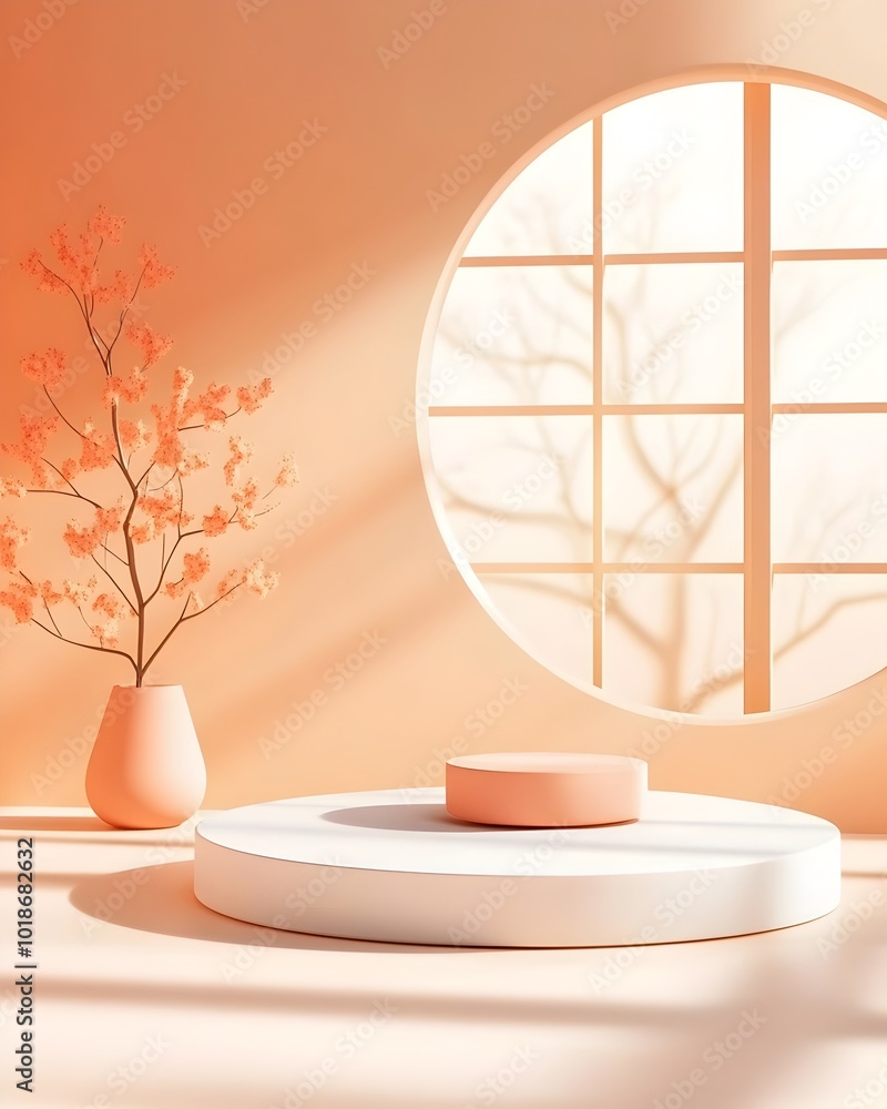 Serene and Elegant Minimalist 3D Studio Room with a Peach Backdrop Uncluttered Floor and Wall and a Central Product Display Podium Delicate Shadows from a Window Illuminate the Scene Serene and Elegant Minimalist 3D Studio Room with a Peach Backdrop Uncluttered Floor and Wall and a Central Product Display Podium Delicate Shadows from a Window Illuminate the Scene