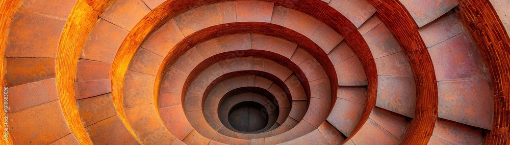 Fototapeta premium A captivating spiral staircase featuring intricate terracotta layers, drawing the eye downward into a mesmerizing depth.