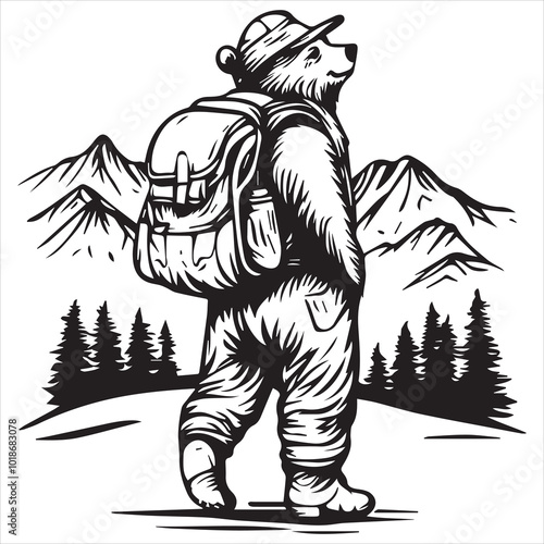 vector design of an explorer Bear hiking in the mountains with a backpack and hat inside a Design, simple line art drawing, white background