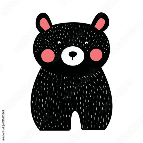 A cute black bear with pink cheeks standing on its hind legs, captured in a playful style against a simple background. Vector Illustration