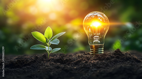 A Glowing Light Bulb and a Small Plant Growing in Rich Soil, a Symbol of Sustainable Energy and a Brighter Future