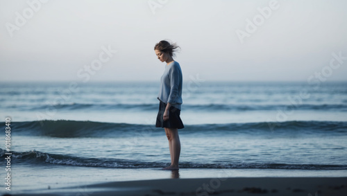 Blurred background of upset woman on ocean shore