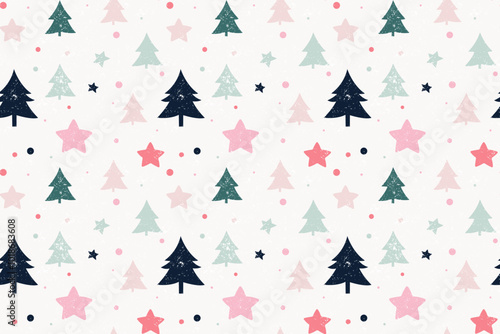 Colorful holiday-themed pattern with trees and stars on a light background. Vector Illustration