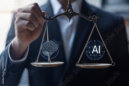 Balancing AI and human brain on a scale A professional in a suit balancing a brain and 