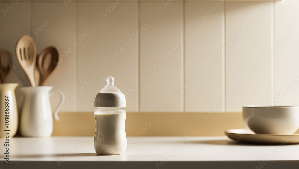 A baby bottle with a mixture for feeding in the home kitchen A baby bottle with a mixture for feeding in the home kitchen