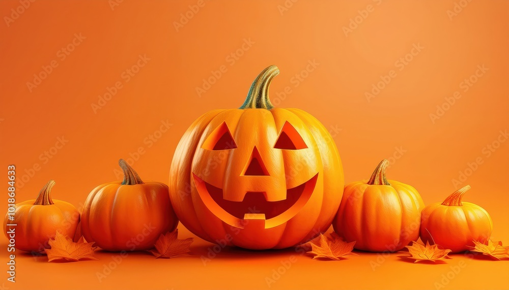 A spooky carved jack-o-lantern glowing in the orange , symbolizing Halloween with its playful smile and autumn colors A spooky carved jack-o-lantern glowing in the orange , symbolizing Halloween with its playful smile and autumn colors