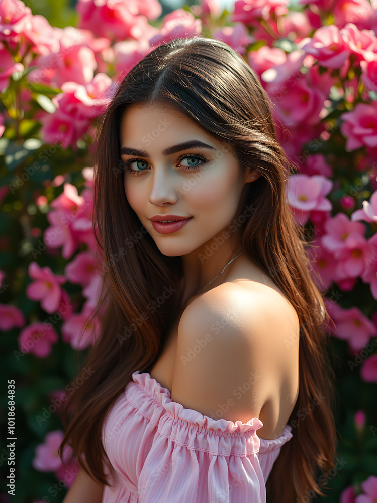 Beautiful Woman model in Summer Dress Amidst Blooming Garden Flowers. smiling on a background of a pink flowers. Generative AI. Beautiful Woman model in Summer Dress Amidst Blooming Garden Flowers. smiling on a background of a pink flowers. Generative AI.