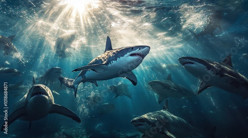 Wallpaper Mural Majestic Sharks Swimming in Deep Ocean Waters Torontodigital.ca