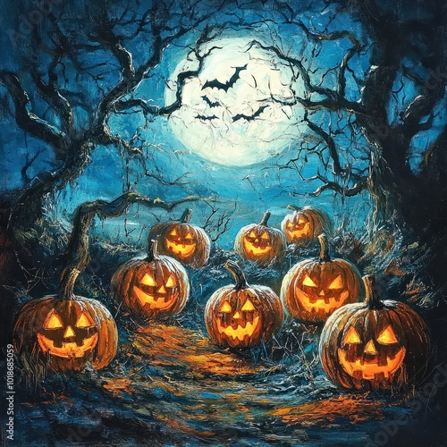 Jack Oâ Lanterns Glowing At Moonlight In The Spooky Night - Halloween Scene photo