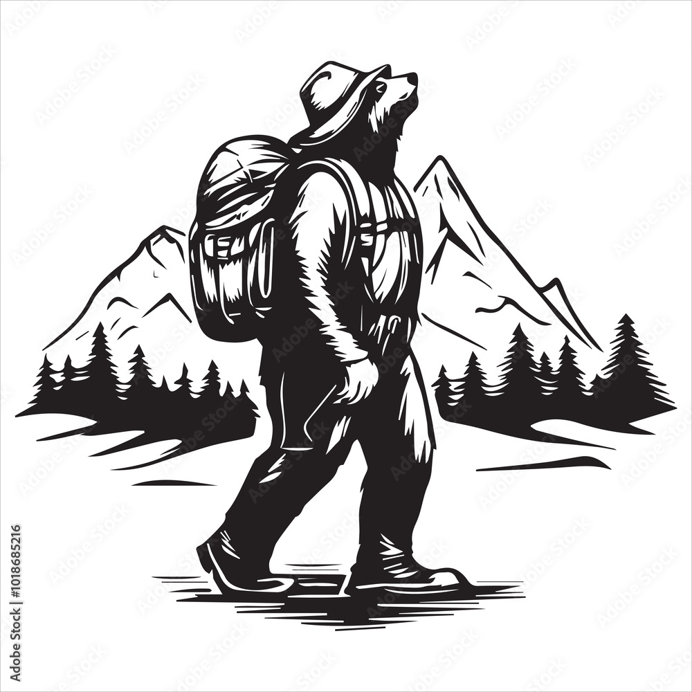 vector design of an explorer Bear hiking in the mountains with a backpack and hat inside a Design, simple line art drawing, white background vector design of an explorer Bear hiking in the mountains with a backpack and hat inside a Design, simple line art drawing, white background