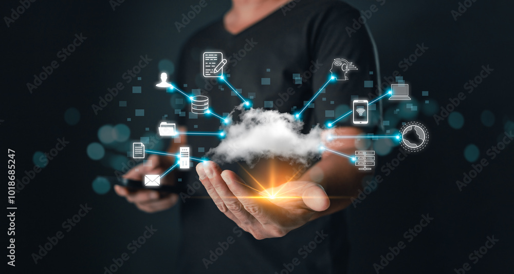 Hand hold icon cloud computing technology.data storage center system sharing management for upload download transfer.secure backup online digital networking and internet connection service concept. Hand hold icon cloud computing technology.data storage center system sharing management for upload download transfer.secure backup online digital networking and internet connection service concept.