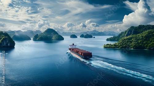 Merchant navy cargo ship crossing through tropical waters, passing small islands on its global journey.