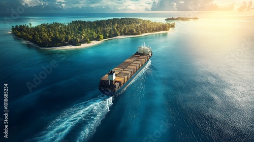 Merchant navy cargo ship crossing through tropical waters, passing small islands on its global journey.