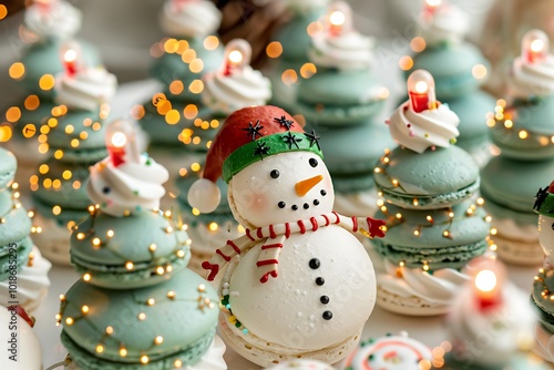 A festive presentation of macarons decorated with tiny Christmas trees, snowmen, and holiday lights photo