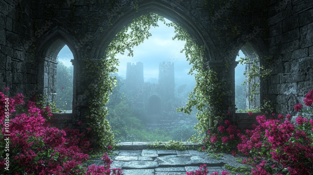 A Stone Archway Leads to a Mysterious Foggy Castle A Stone Archway Leads to a Mysterious Foggy Castle