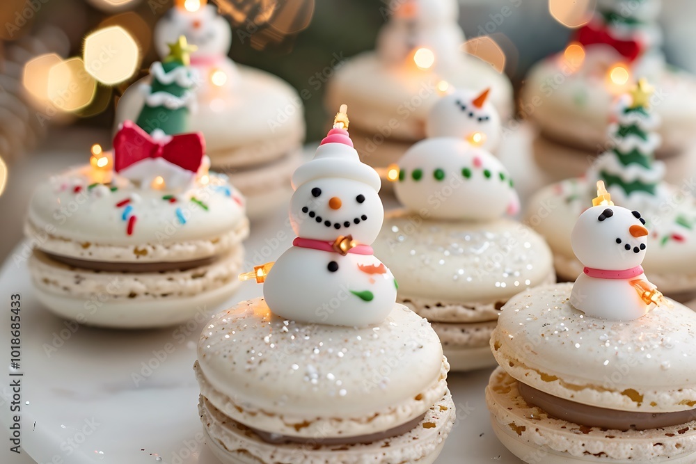 A festive presentation of macarons decorated with tiny Christmas trees, snowmen, and holiday lights A festive presentation of macarons decorated with tiny Christmas trees, snowmen, and holiday lights