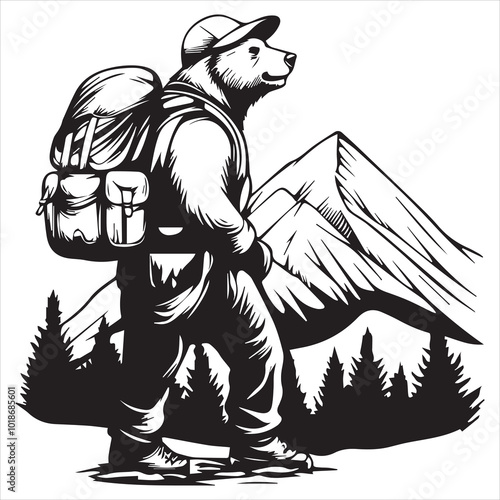 vector design of an explorer Bear hiking in the mountains with a backpack and hat inside a Design, simple line art drawing, white background