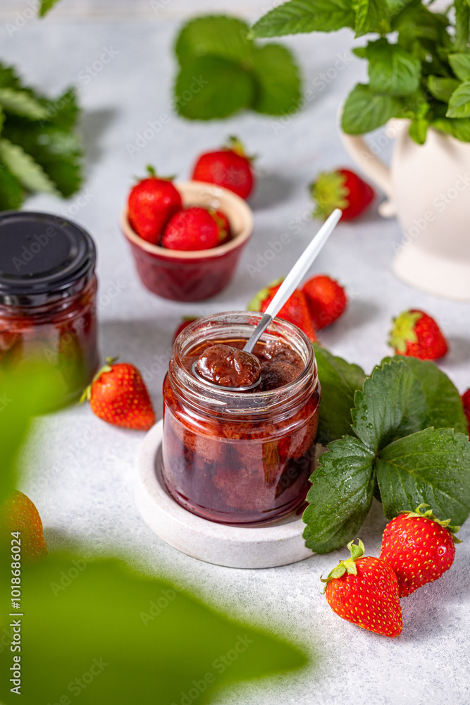 Delicious strawberry jam surrounded by fresh strawberries and mint Delicious strawberry jam surrounded by fresh strawberries and mint