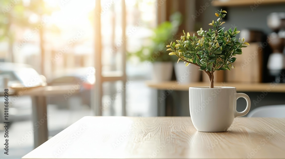 Airy coffee shop setting with sunlight beaming through windows, stylish and modern design Airy coffee shop setting with sunlight beaming through windows, stylish and modern design