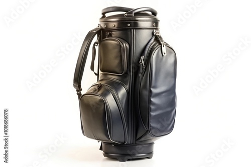 Black leather golf bag isolated on white panoramic photo