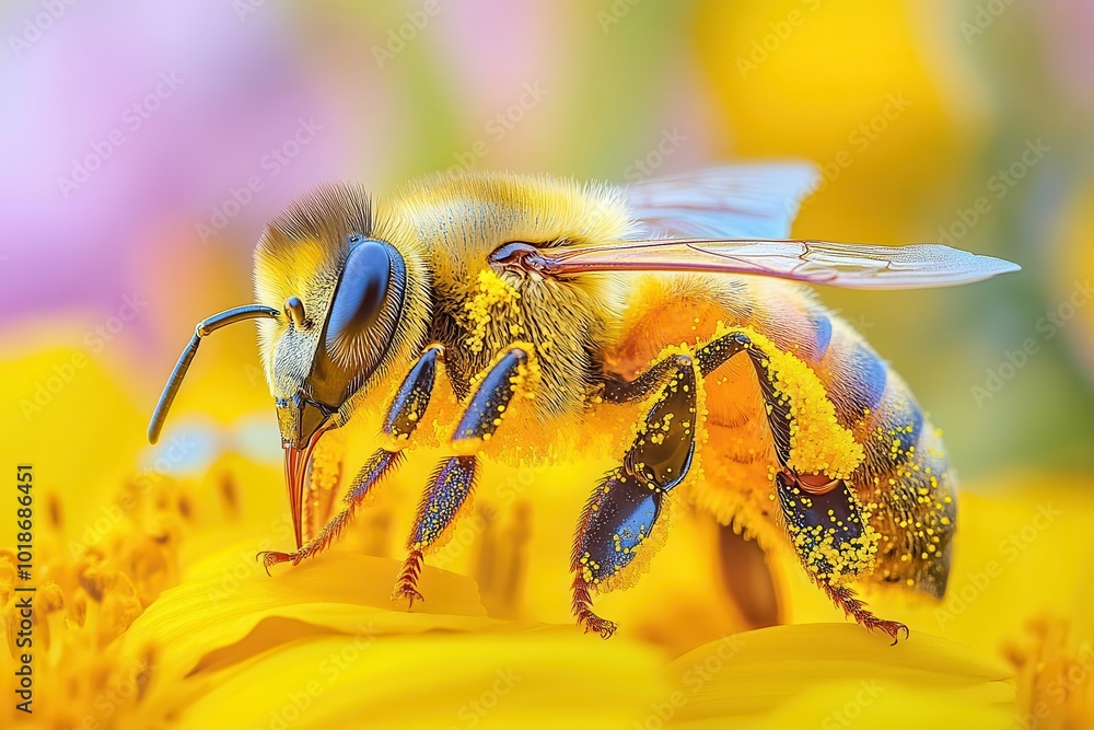 Naklejka premium macro shot of a honeybee in flight wings in motion pollencovered legs intricate details of compound eyes and fuzzy body against a soft focus floral background