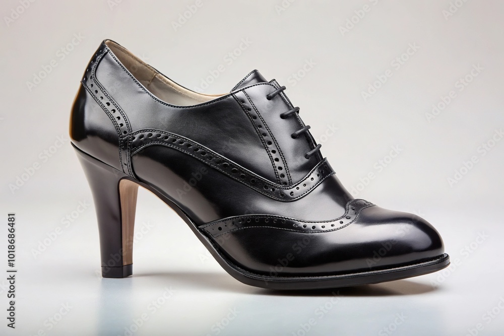 Black oxford shoe with high heel isolated on light gray background Black oxford shoe with high heel isolated on light gray background
