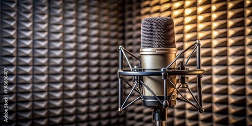 Black metal condenser microphone in recording studio with acoustic paralon pyramid background photo