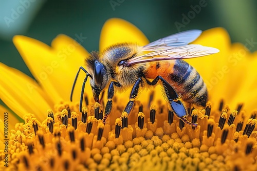 macro shot of bee on sunflower intricate wing details pollendusted fur vibrant yellow petals bokeh background photo