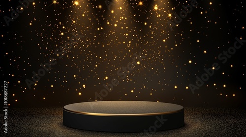 Black round podium product stage on black background of golden glitter and a spotlight