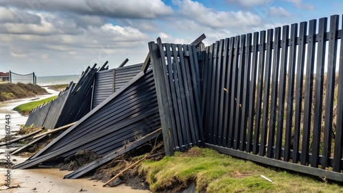 Black wooden fence storm damage from unseasonable high winds photo