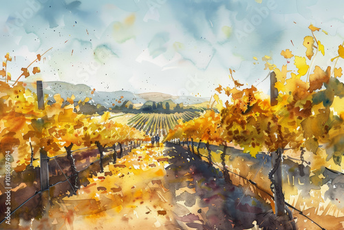 A painting of a vineyard with a path leading through it photo