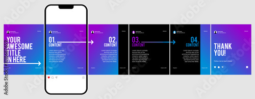 Microblog carousel slides template for social media post. Six page, purple, blue gradient and arrows theme.