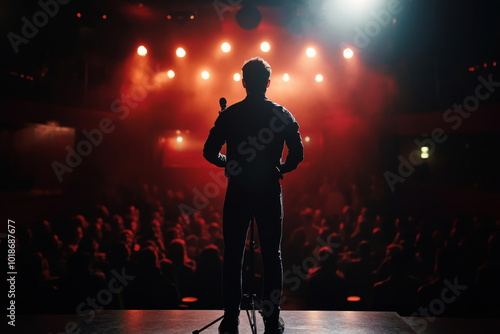 Comedian artist standing on stage under bright lights in front of audience. Stand-up performance. Entrepreneur is speaking on stage during seminar