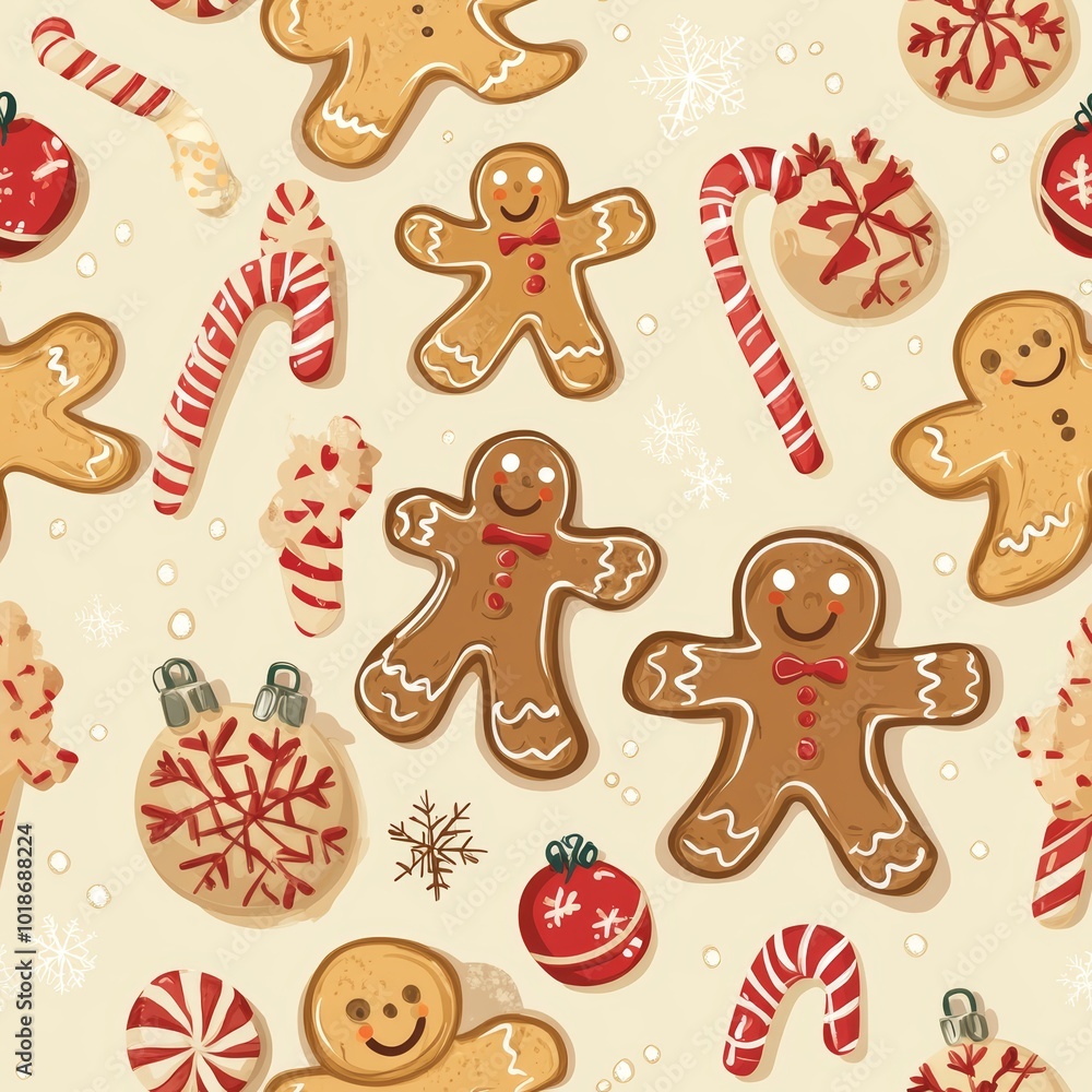 Naklejka premium Colorful festive pattern with gingerbread cookies, candy canes, and holiday ornaments.