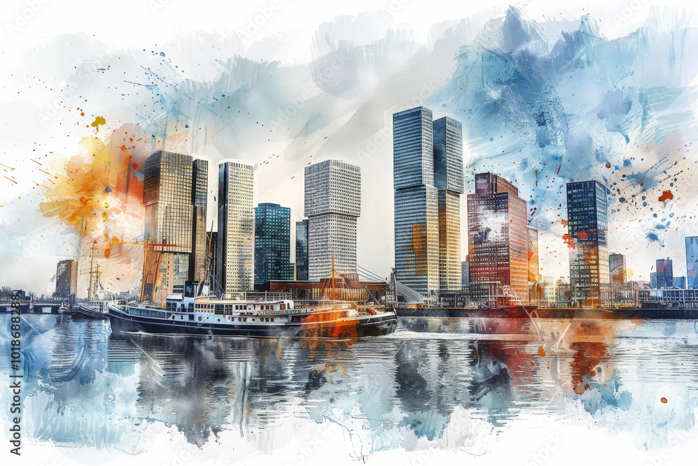 Obraz premium A city skyline with a boat in the water