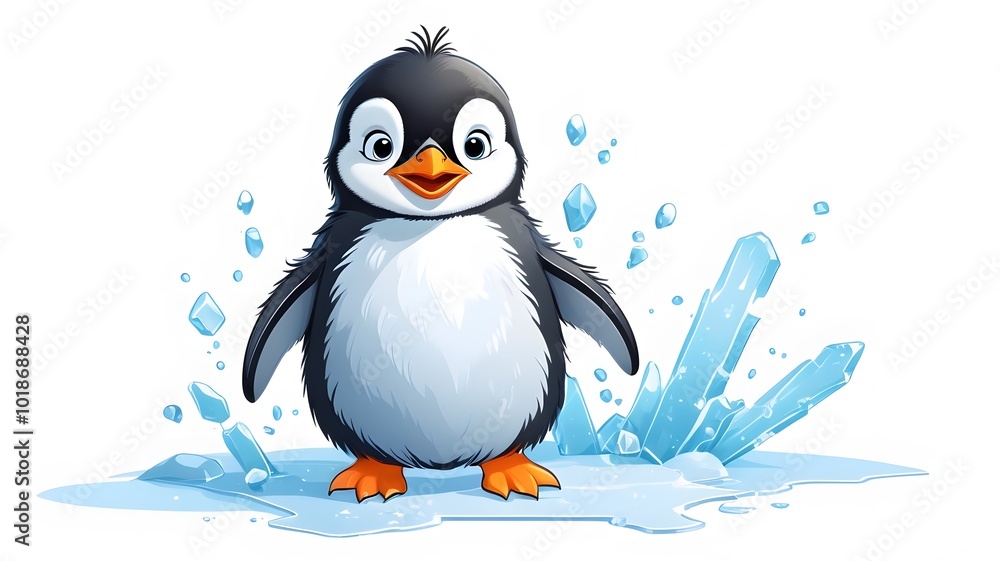 Fototapeta premium Adorable Cartoon Baby Penguin Sliding Joyfully on Ice with Delightful Expression