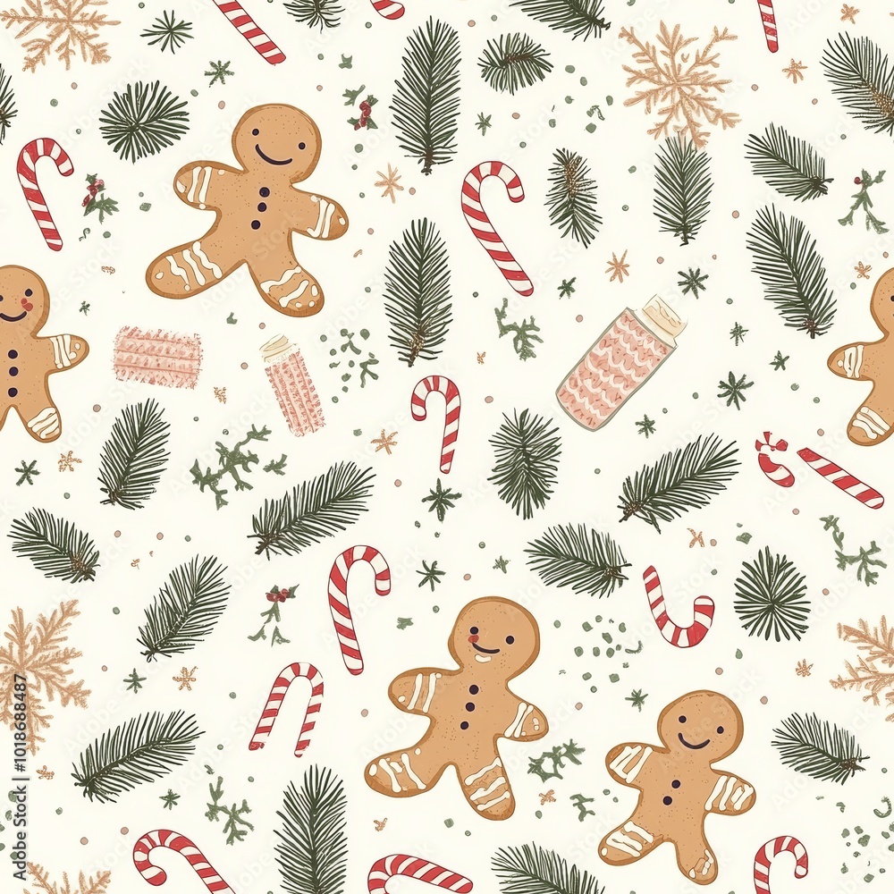 Obraz premium Festive gingerbread men, candy canes, and winter greenery adorn a cheerful background.