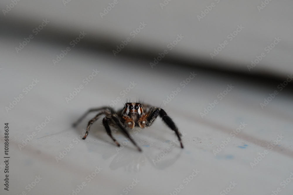 A jumping spider with wide glossy eyes looking at the camera A jumping spider with wide glossy eyes looking at the camera